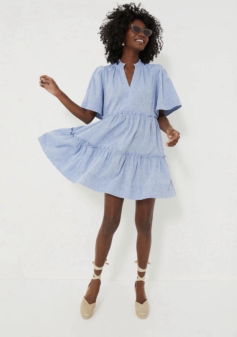Tuckernuck XS Dress Tiered Crawford Short Sleeve Linen Cotton Chambray Preppy V6